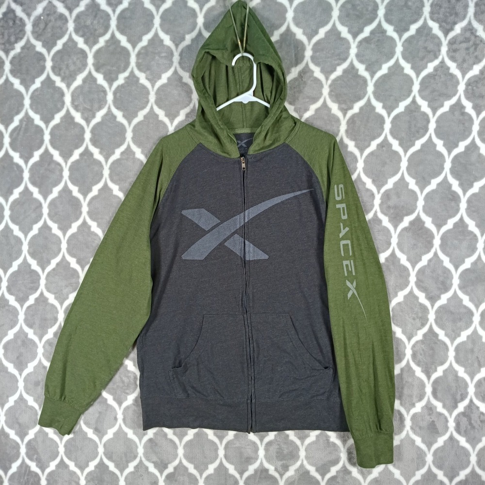 SpaceX Hoodie Men XL Gray Green Full Zip Lightweight Logo Hooded Jacket